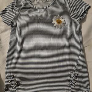 Striped Blue and White Kids Shirt with Daisy Patch